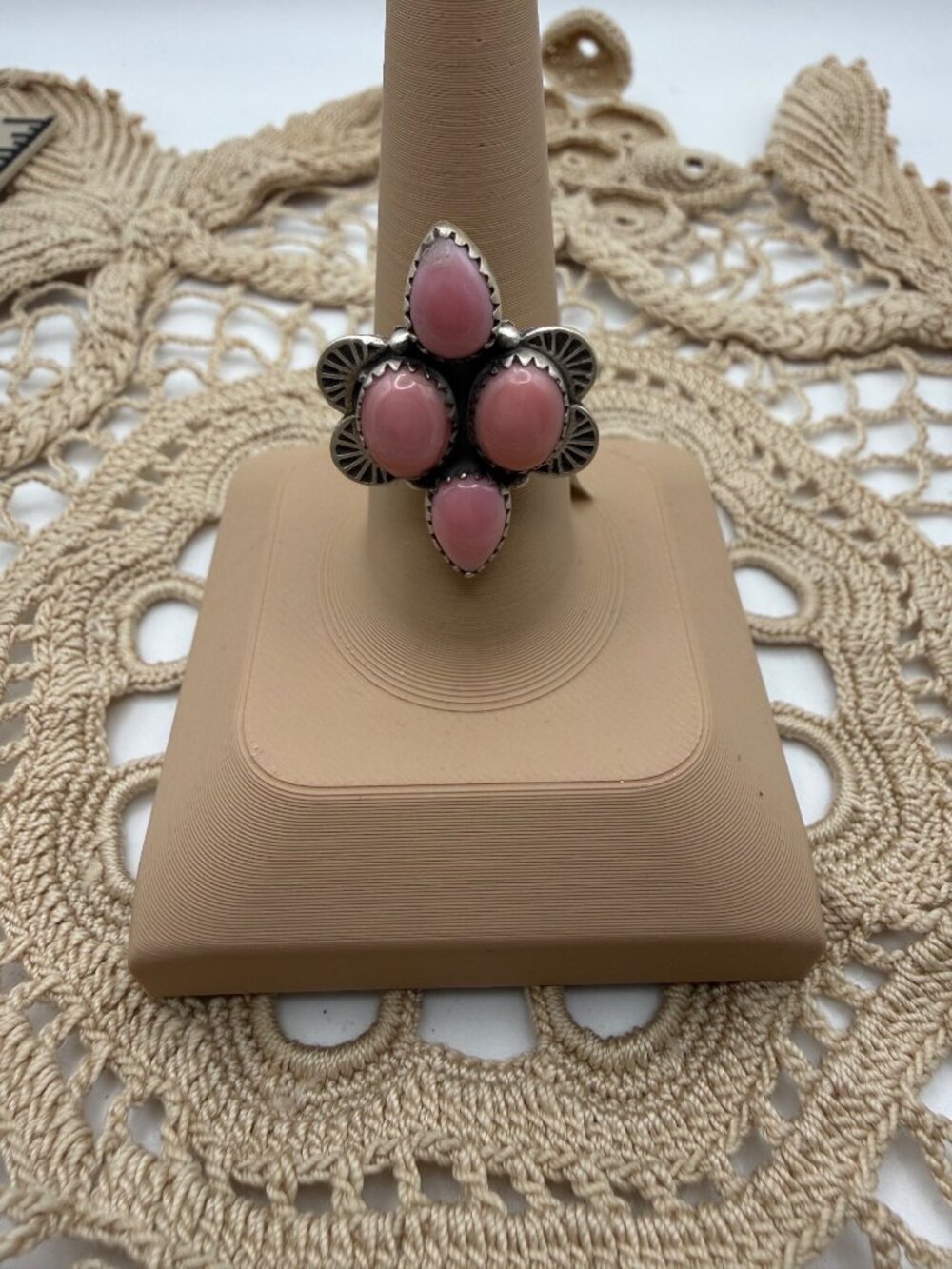 Artisan crafted Sterling Silver Pink Conch 4 Stone Statement Adj Ring boho chic